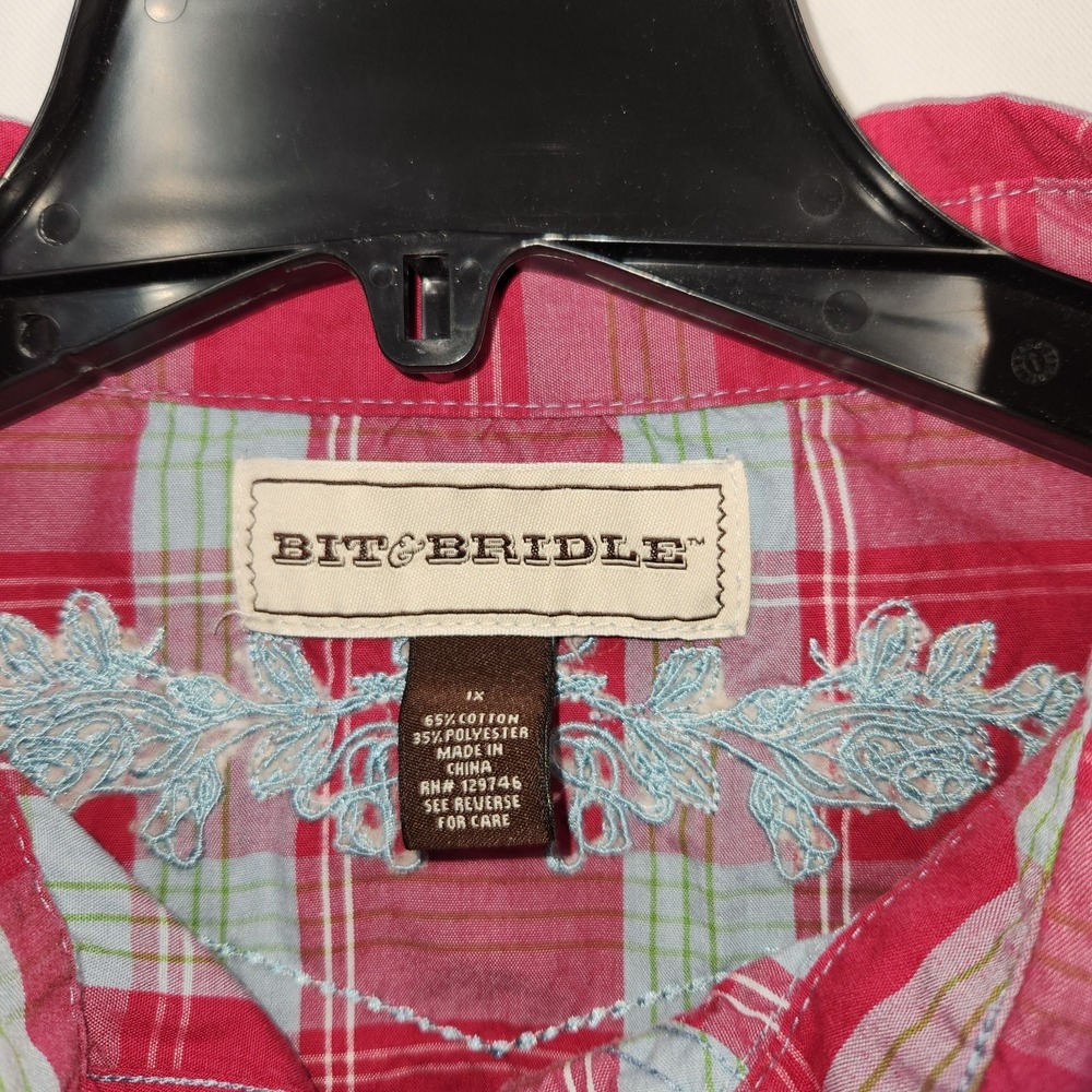 Women's Country Chic Bit & Bridle Long Sleeve Pink Plaid Rodeo Medium Shirt - Picture 2 of 6
